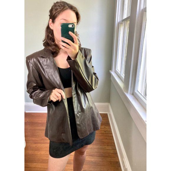 Vintage 100% Leather Y2K Chocolate Brown Blazer Jacket - Picture 4 of 9